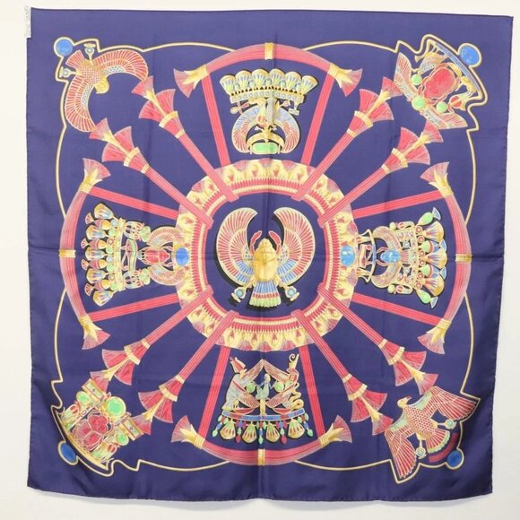 HERMES Caty Ancient Egyptian Scarab Pattern Carre 90 Scarf Silk Blue Auth 141181 - Picture 12 of 13